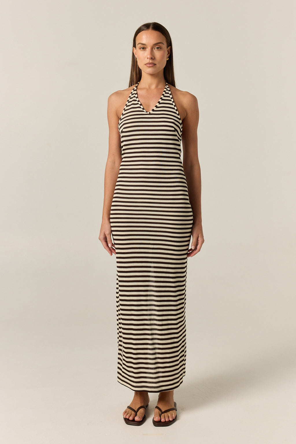 Luca Knit Midi Dress (Choc/Beige Stripe)