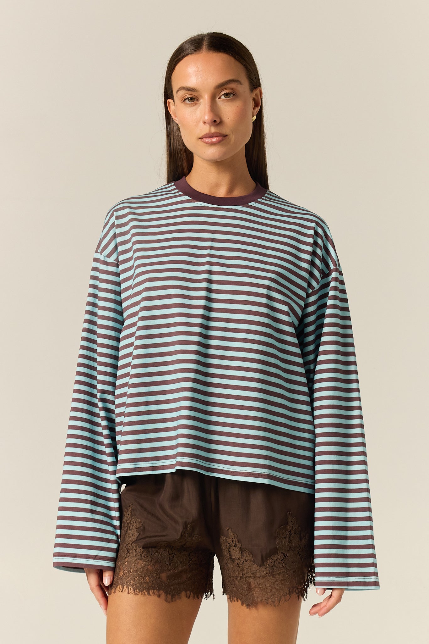 Hannah Long Sleeve Tee (Choc/Blue Stripe)