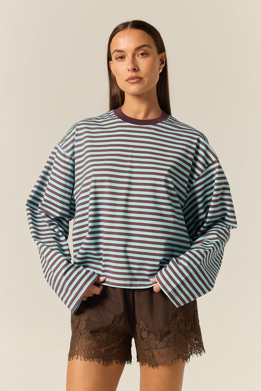 Hannah Long Sleeve Tee (Choc/Blue Stripe)