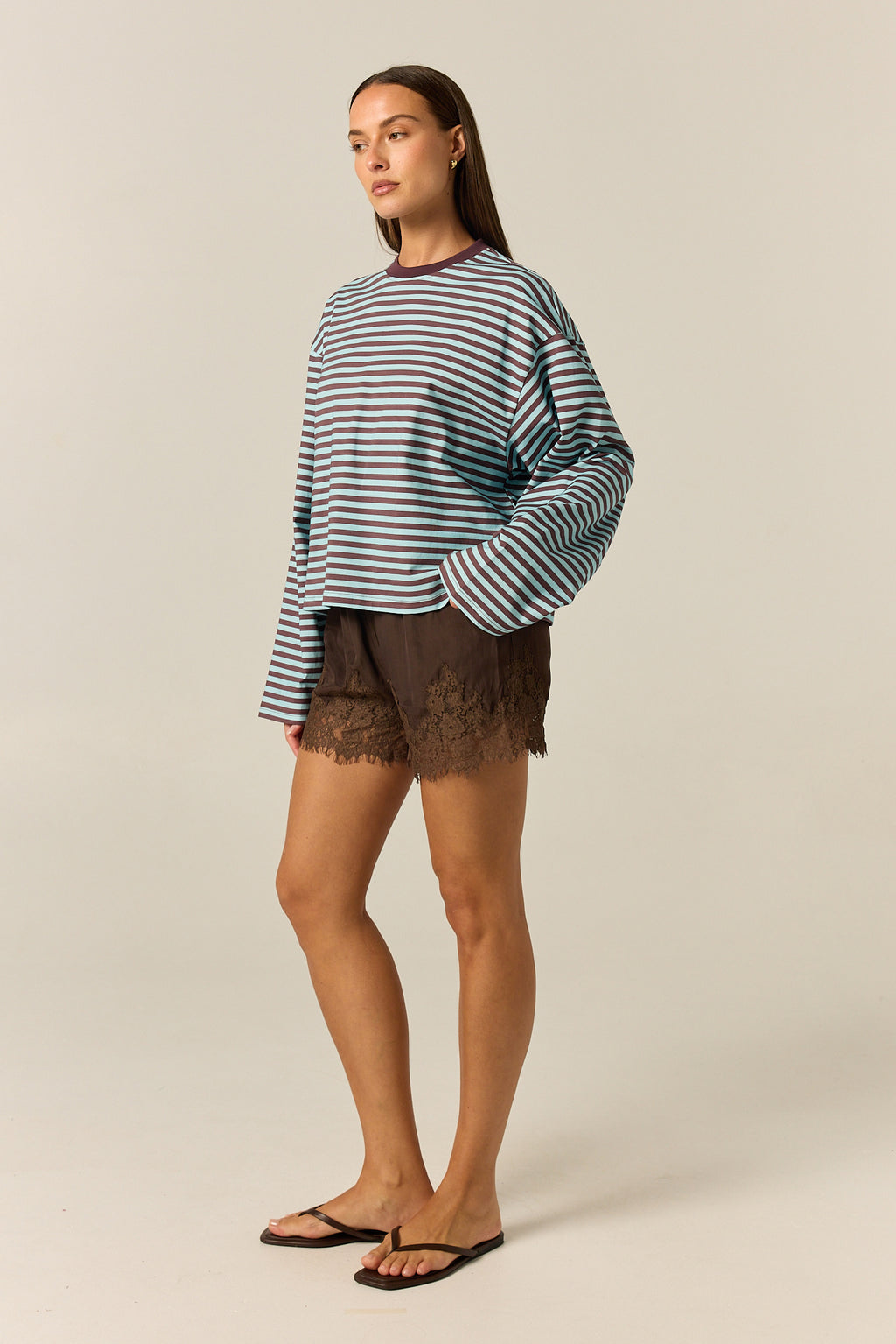 Hannah Long Sleeve Tee (Choc/Blue Stripe)