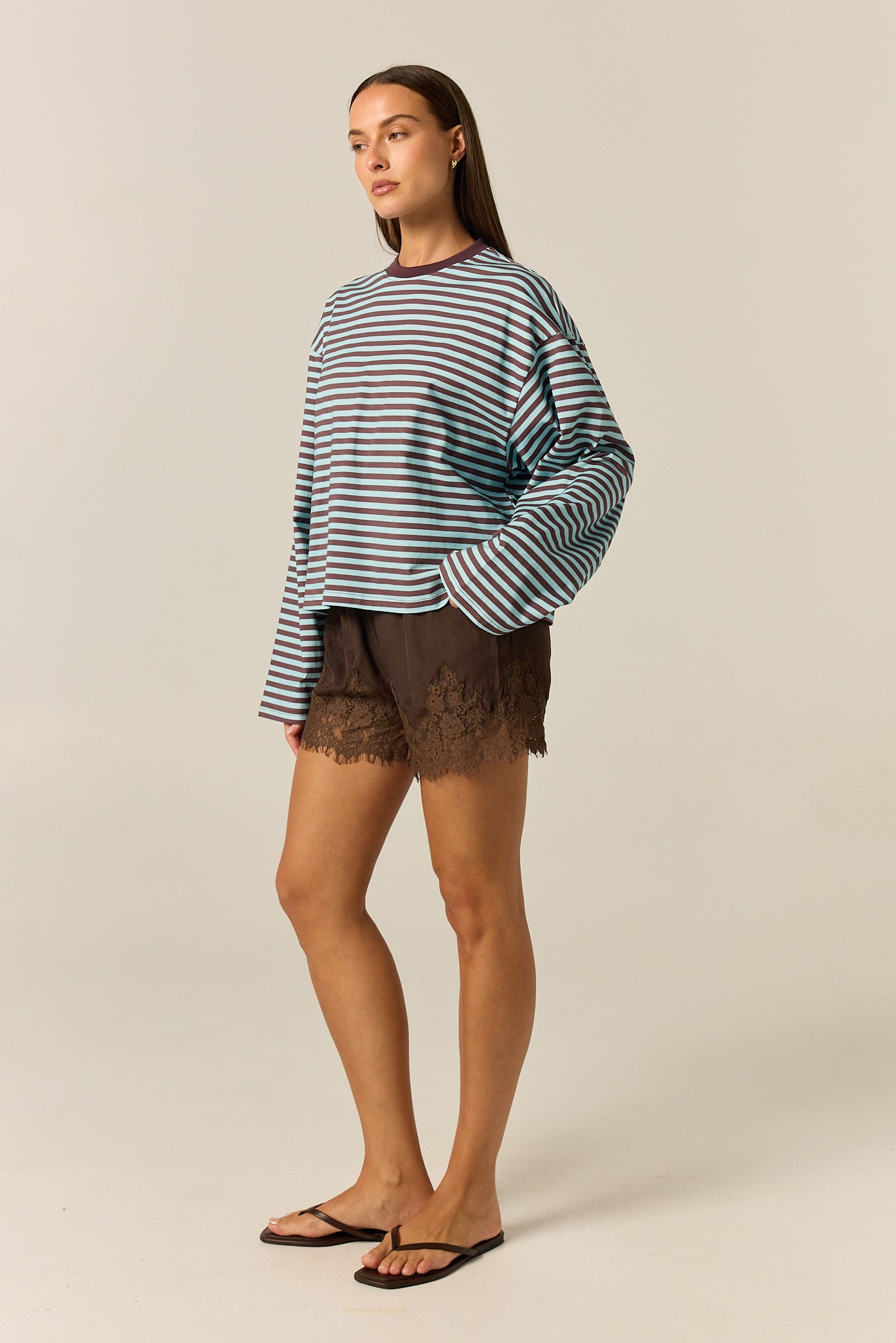 Hannah Long Sleeve Tee (Choc/Blue Stripe)