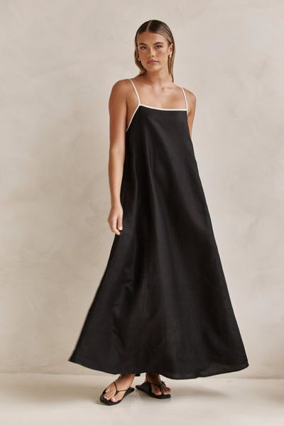 Dasha Linen Maxi Dress (Black & Beige)