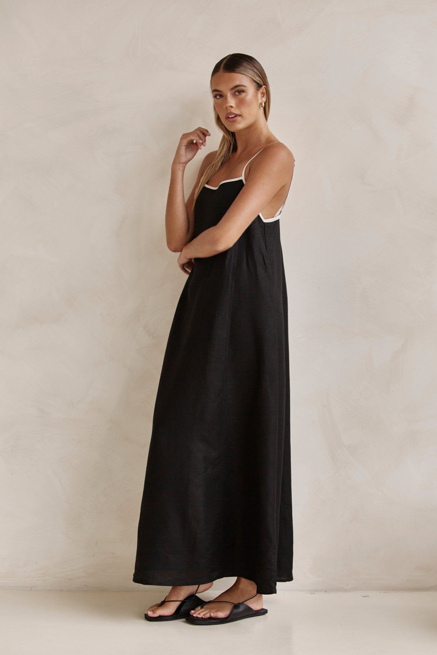 Dasha Linen Maxi Dress (Black & Beige)