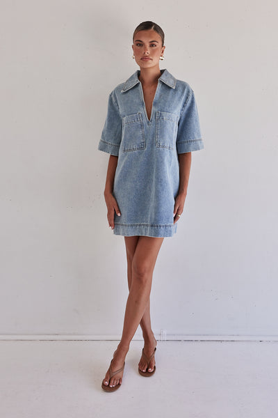 Tara Denim Mini Dress (Light Blue)