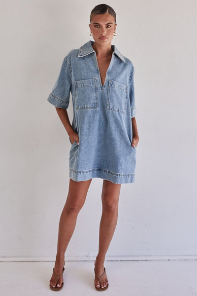 Tara Denim Mini Dress (Light Blue)