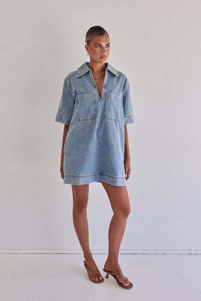 Tara Denim Mini Dress (Light Blue)