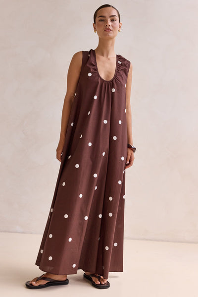 Helena Polka Maxi Dress (Chocolate)