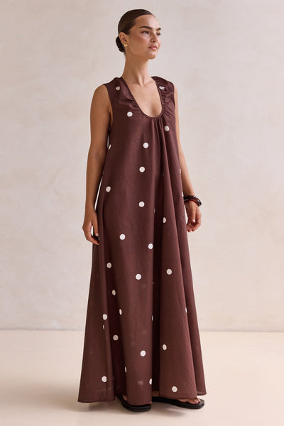 Helena Polka Maxi Dress (Chocolate)