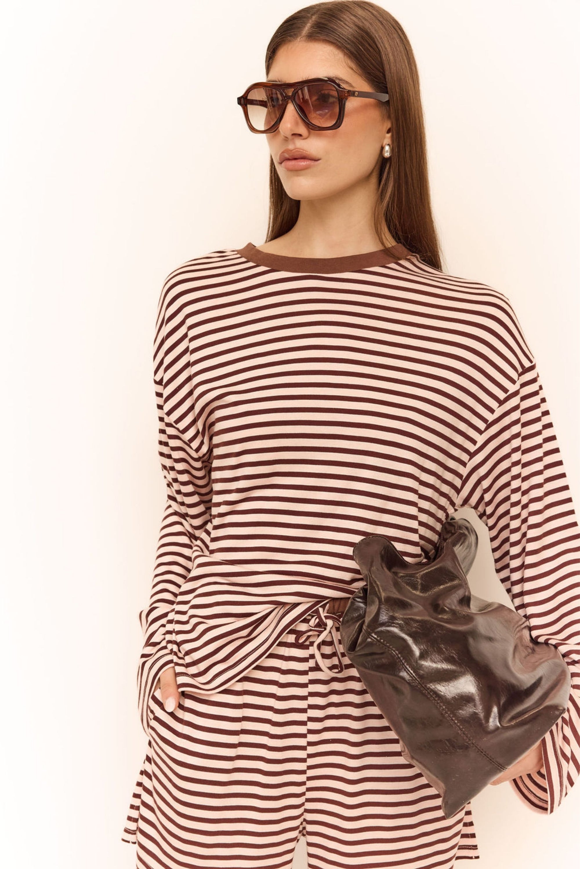Odessa Long Sleeve Tee (Pink/Chocolate Stripe)