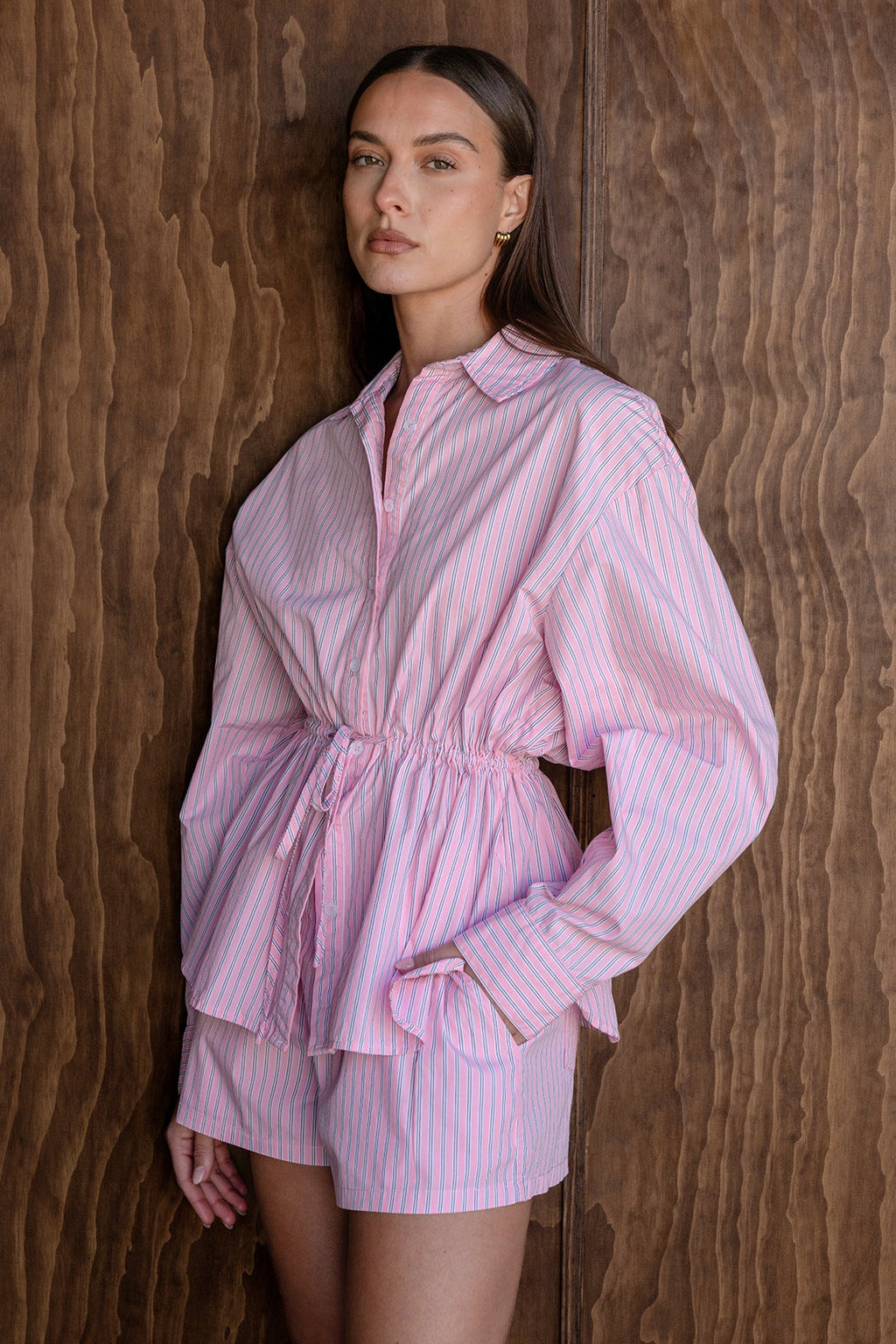 Sarah Cinched Shirt (Pink Pinstripe)