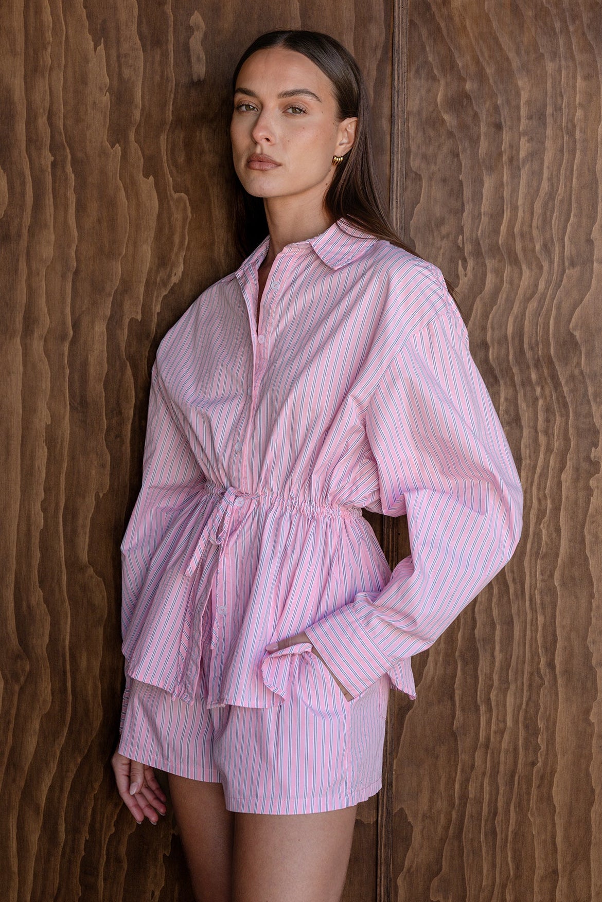 Sarah Cinched Shirt (Pink Pinstripe)