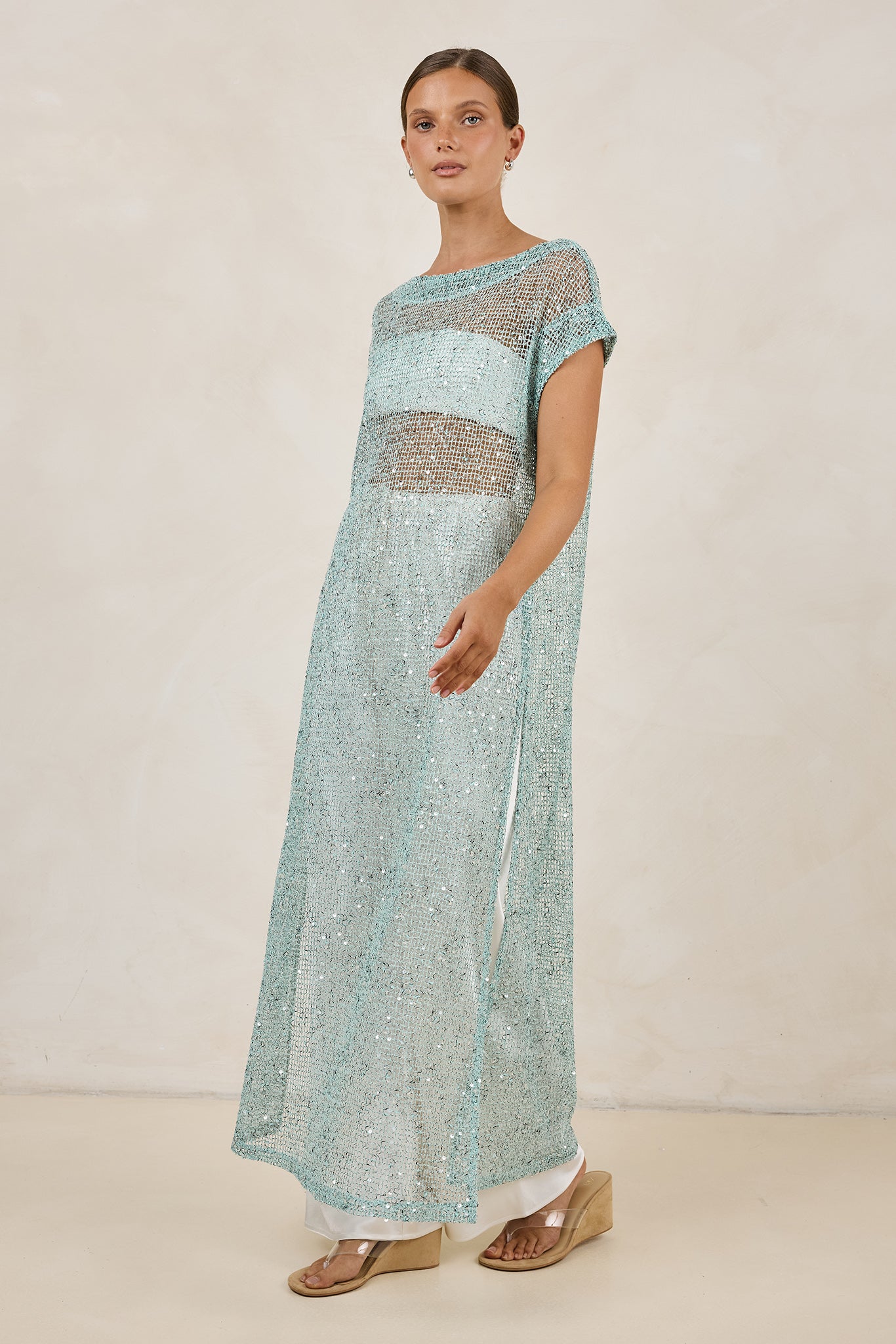 Rumi Sequin Longline Tunic (Aqua)