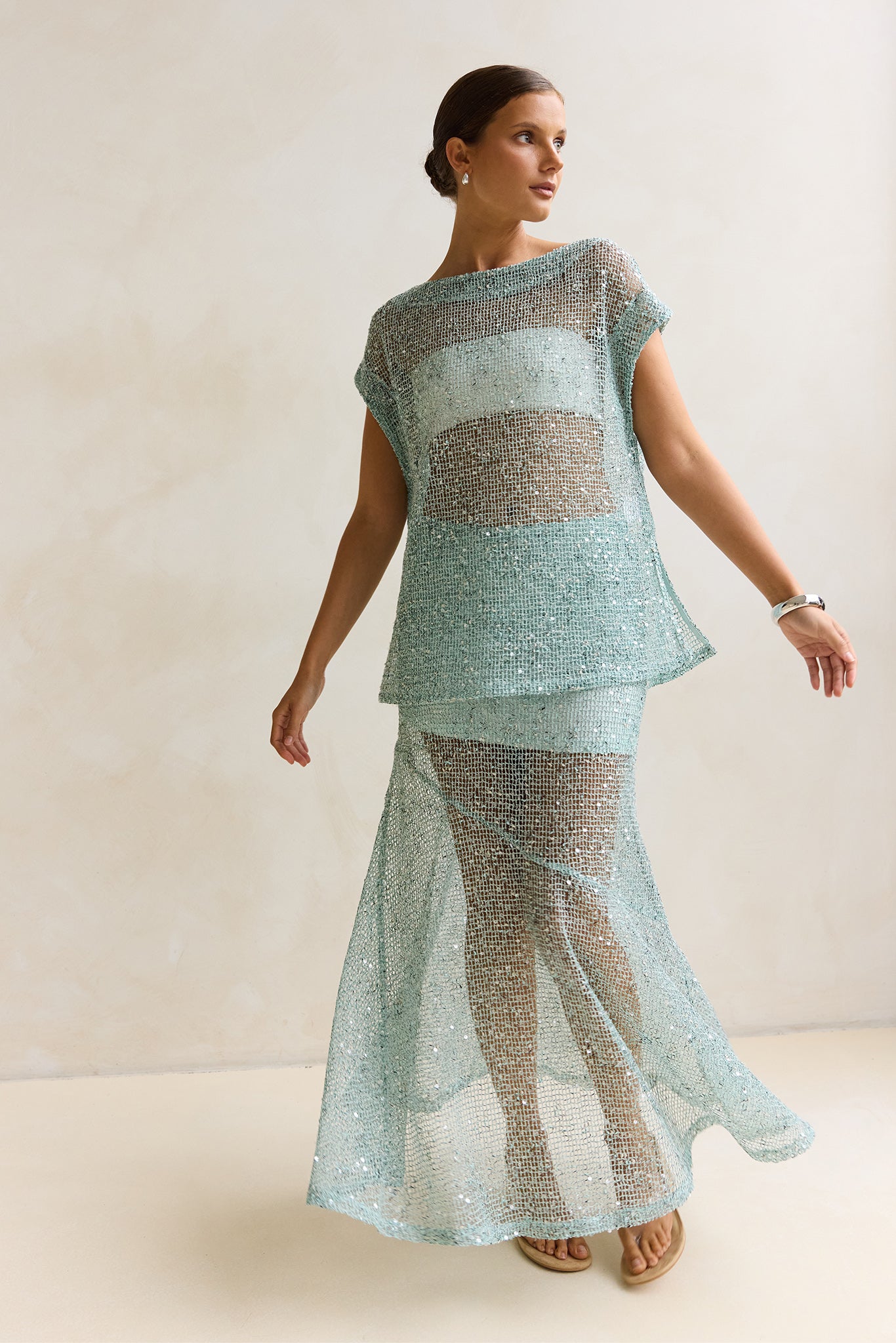 Rumi Sequin Maxi Skirt (Aqua)