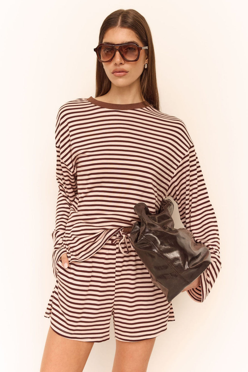 Odessa Long Sleeve Tee (Pink/Chocolate Stripe)