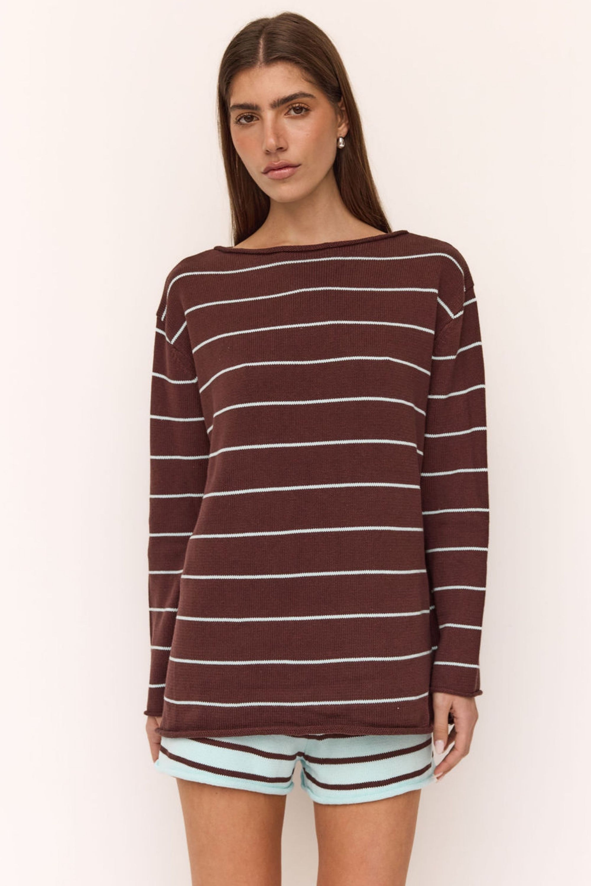 Fallon Knit Short (Light Blue/Choc Stripe)
