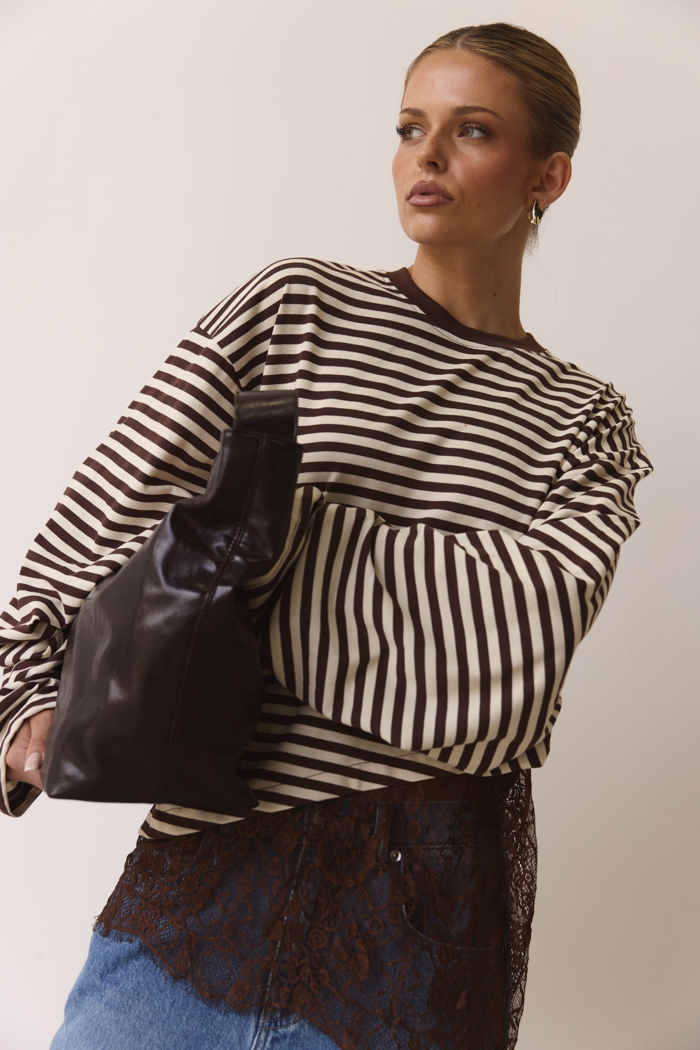 Cleo Lace Long Sleeve Top (Chocolate/Cream Stripe)
