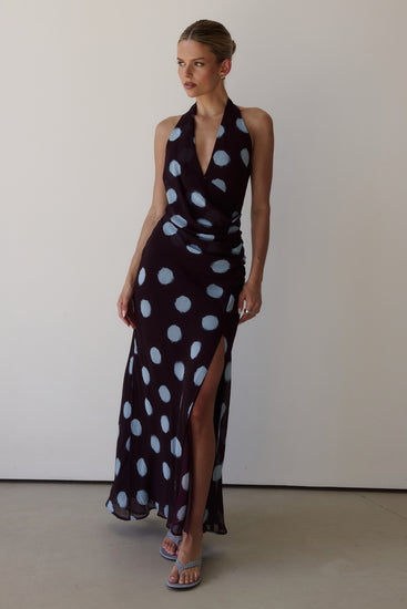 Nora Maxi Dress (Wine/Blue Polka)