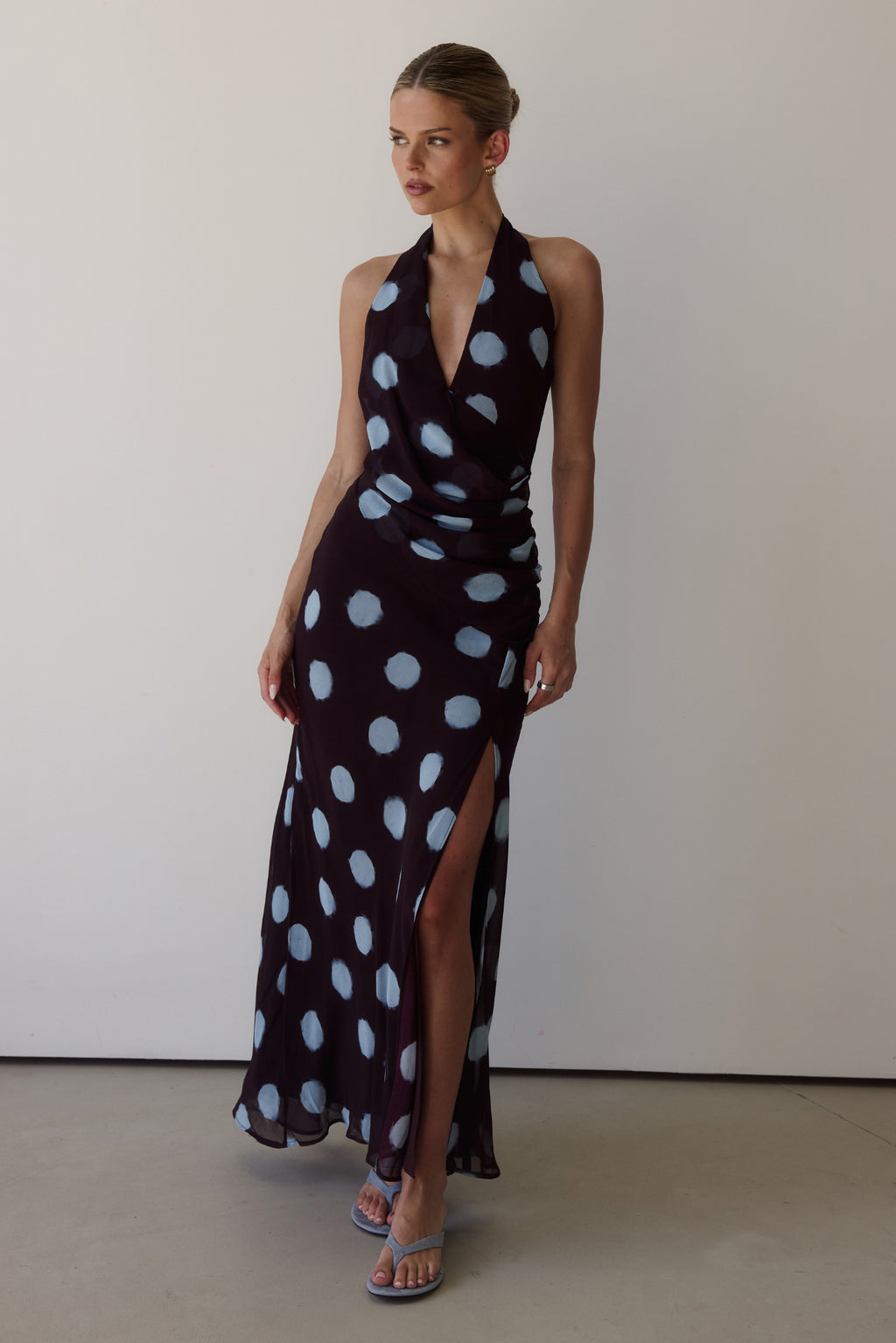 Nora Maxi Dress (Wine/Blue Polka)