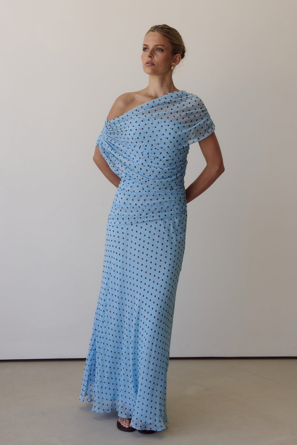 Naomi Maxi Dress (Light Blue/Chocolate Polka)