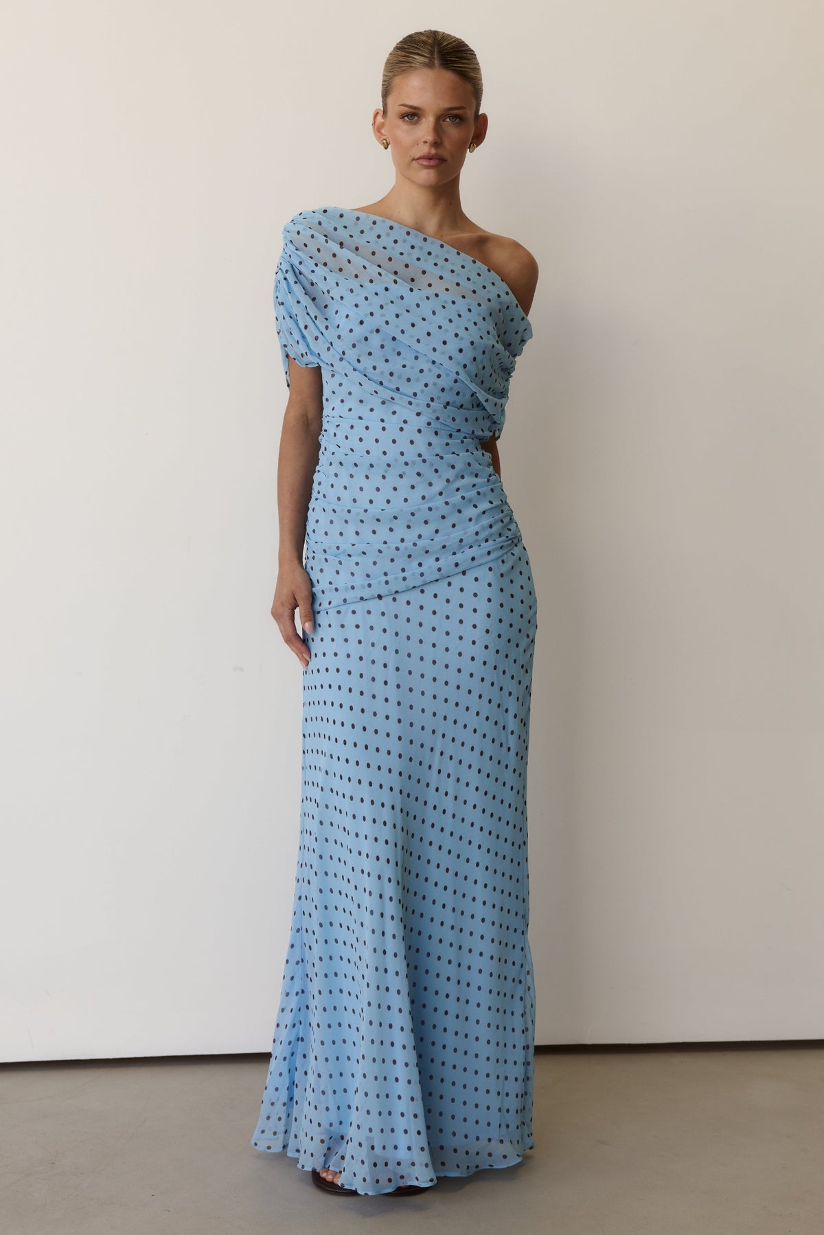 Naomi Maxi Dress (Light Blue/Chocolate Polka)
