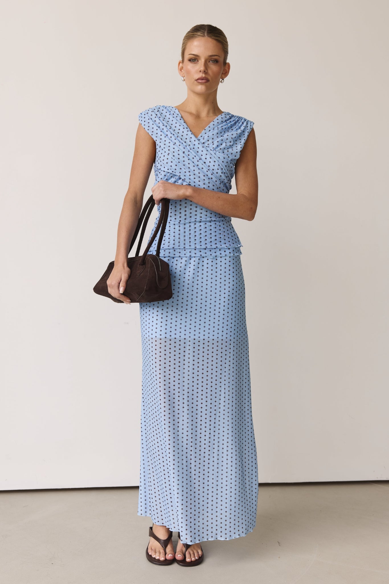 Hayse Maxi Skirt (Light Blue/Chocolate Polka)