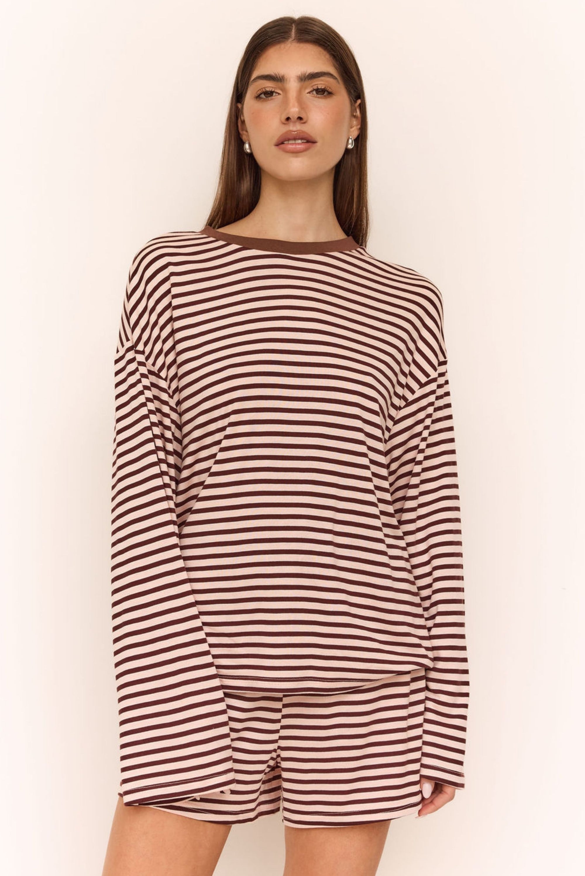 Odessa Long Sleeve Tee (Pink/Chocolate Stripe)