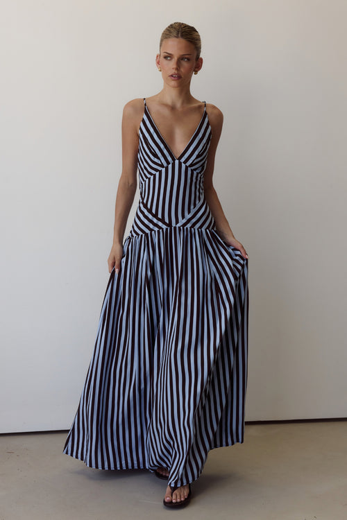 Posie Maxi Dress (Chocolate/Blue Stripe)
