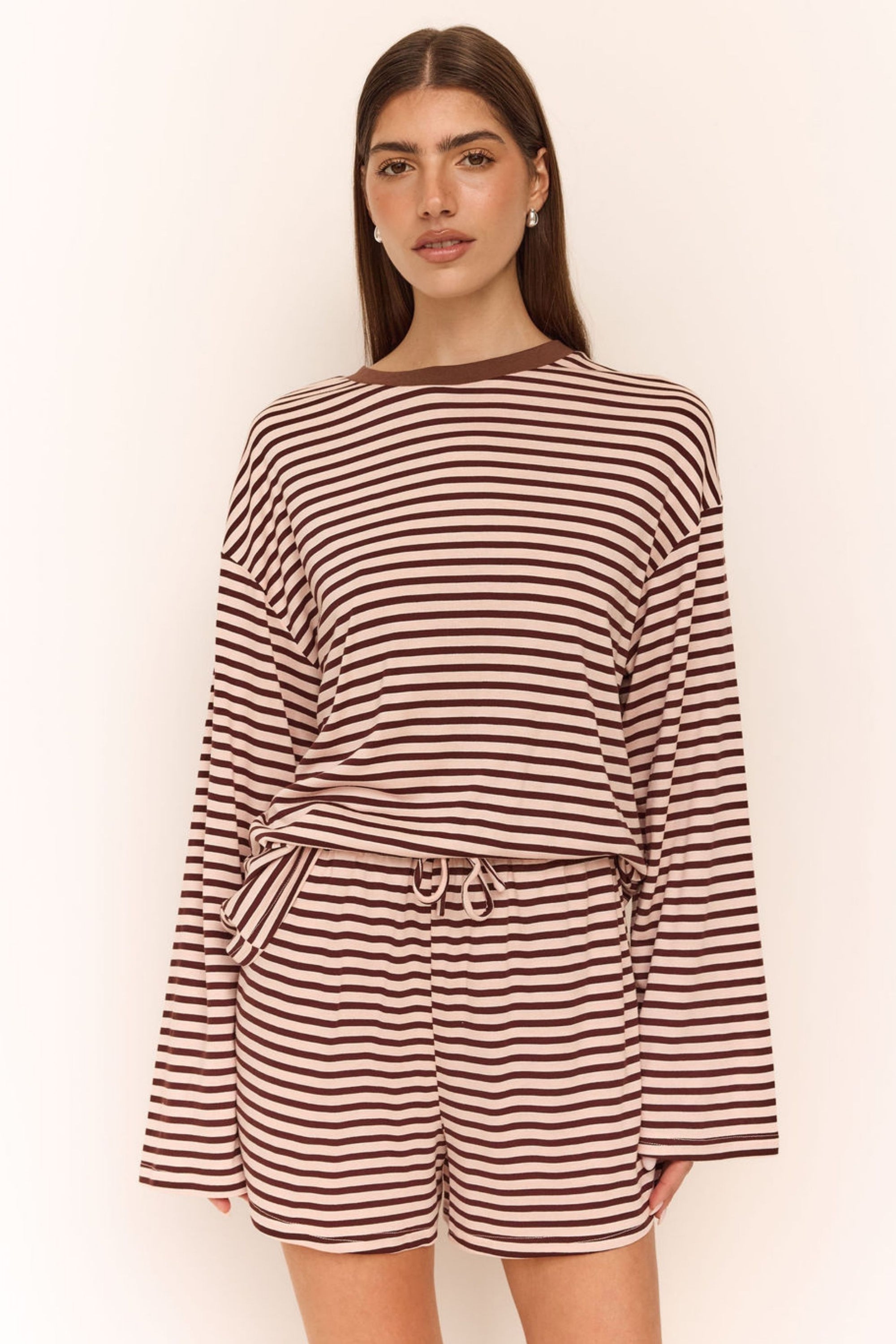 Odessa Long Sleeve Tee (Pink/Chocolate Stripe)