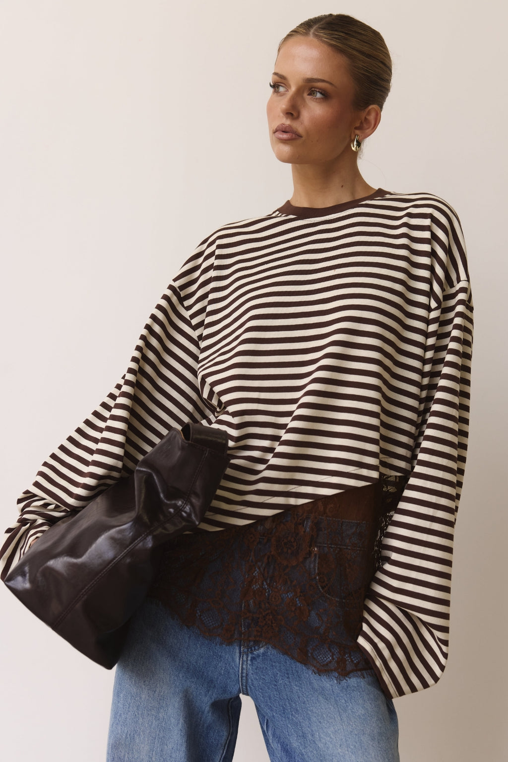Cleo Lace Long Sleeve Top (Chocolate/Cream Stripe)