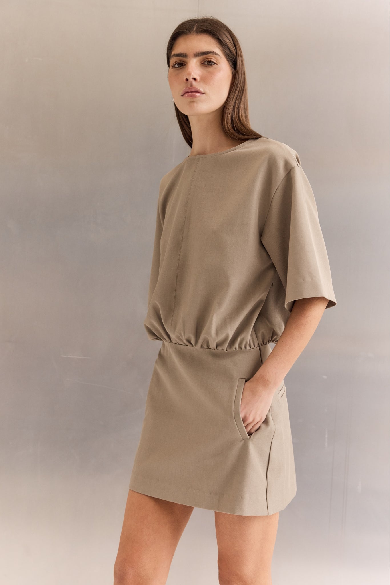 Chelsea Mini Suiting Dress (Taupe)