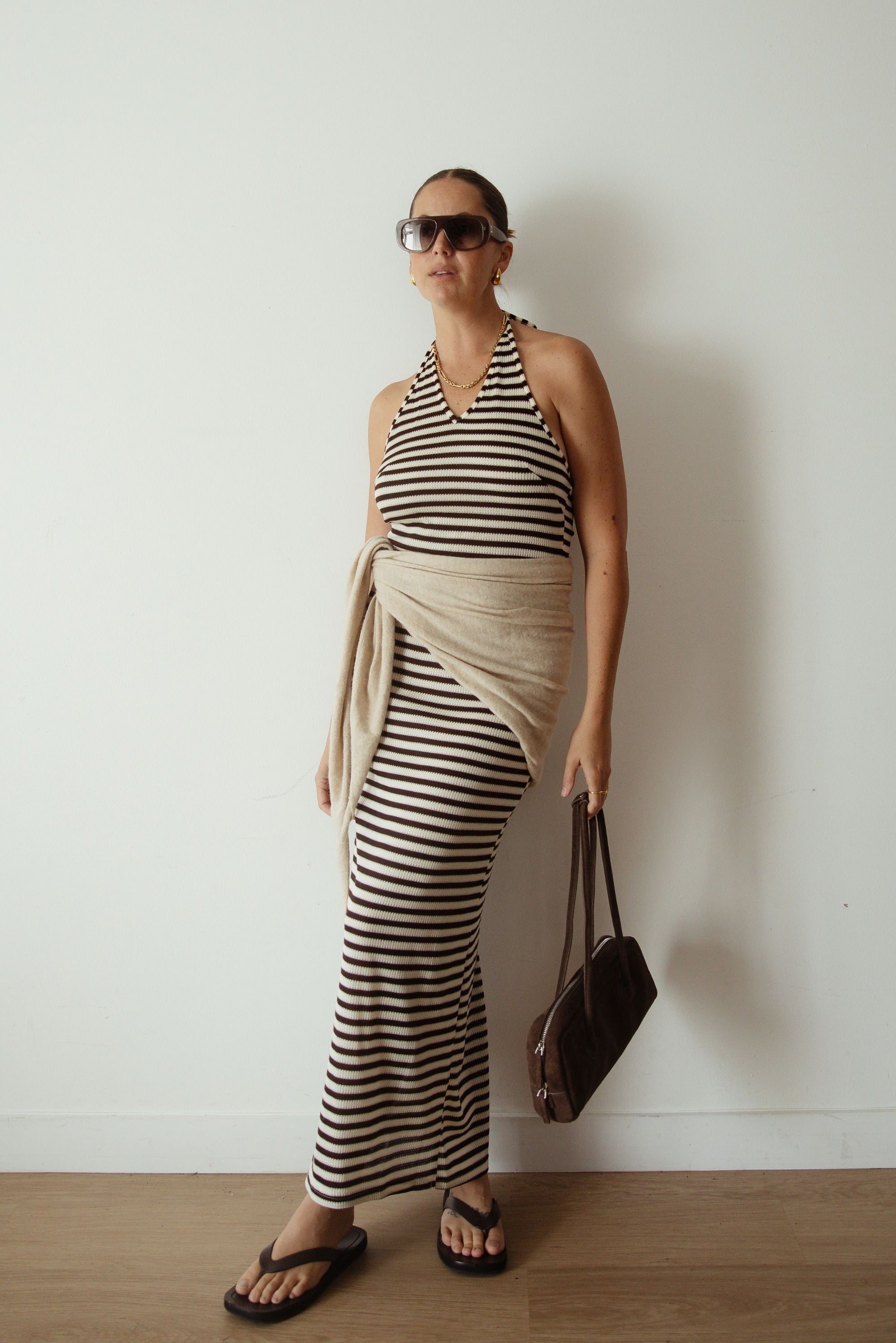 Luca Knit Midi Dress (Choc/Beige Stripe)