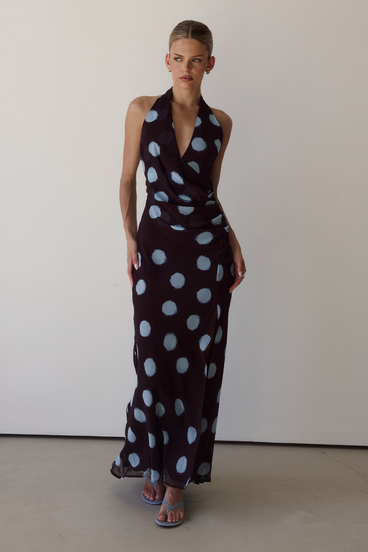 Nora Maxi Dress (Wine/Blue Polka)