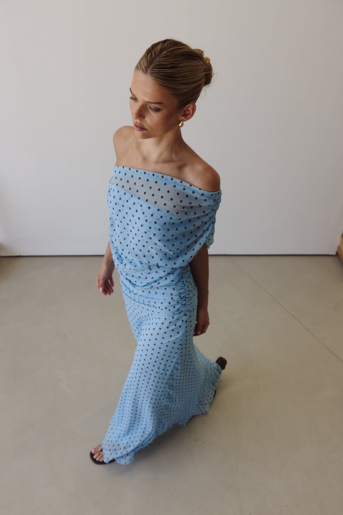 Naomi Maxi Dress (Light Blue/Chocolate Polka)
