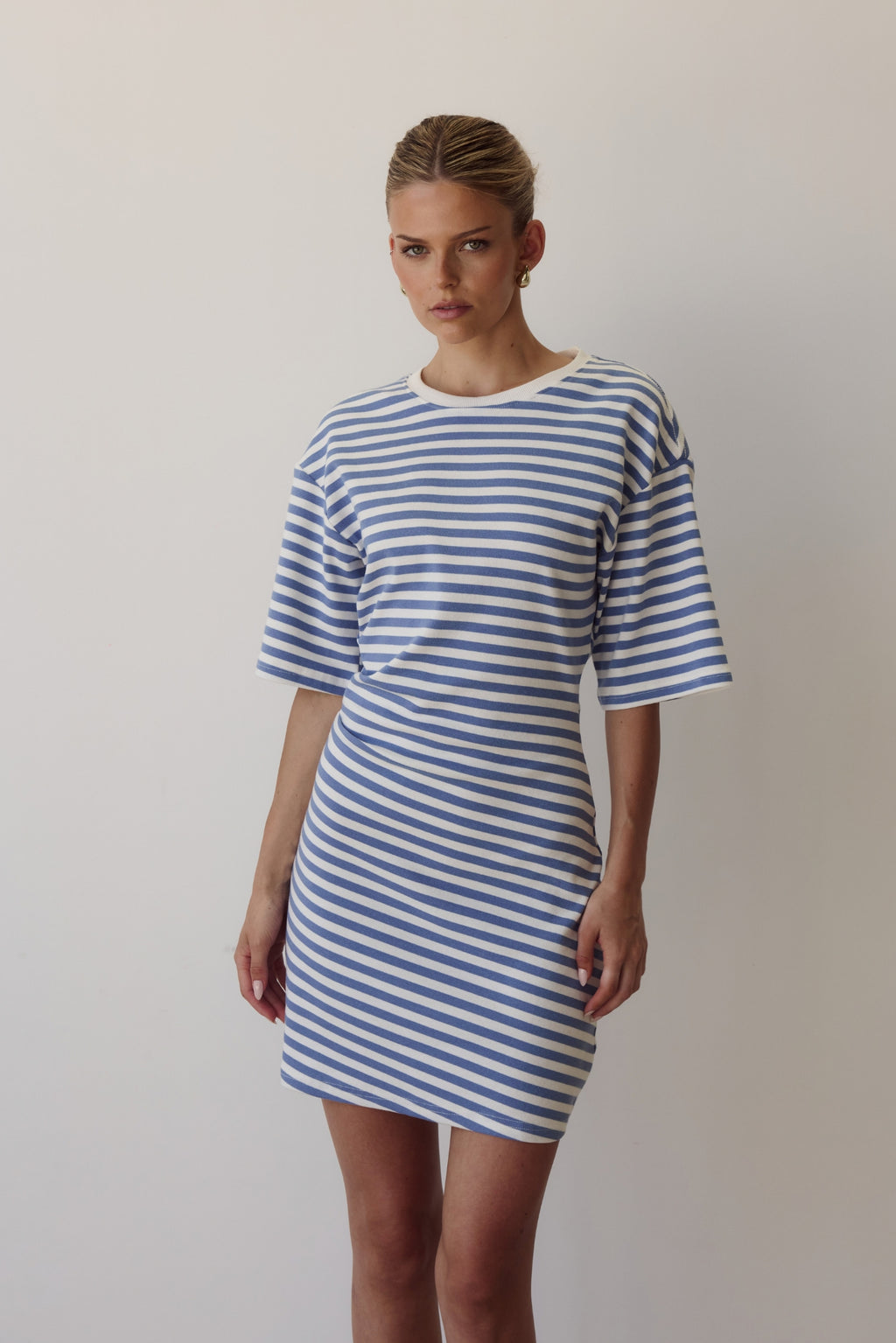 Kayla Mini Dress (White/Blue Stripe)
