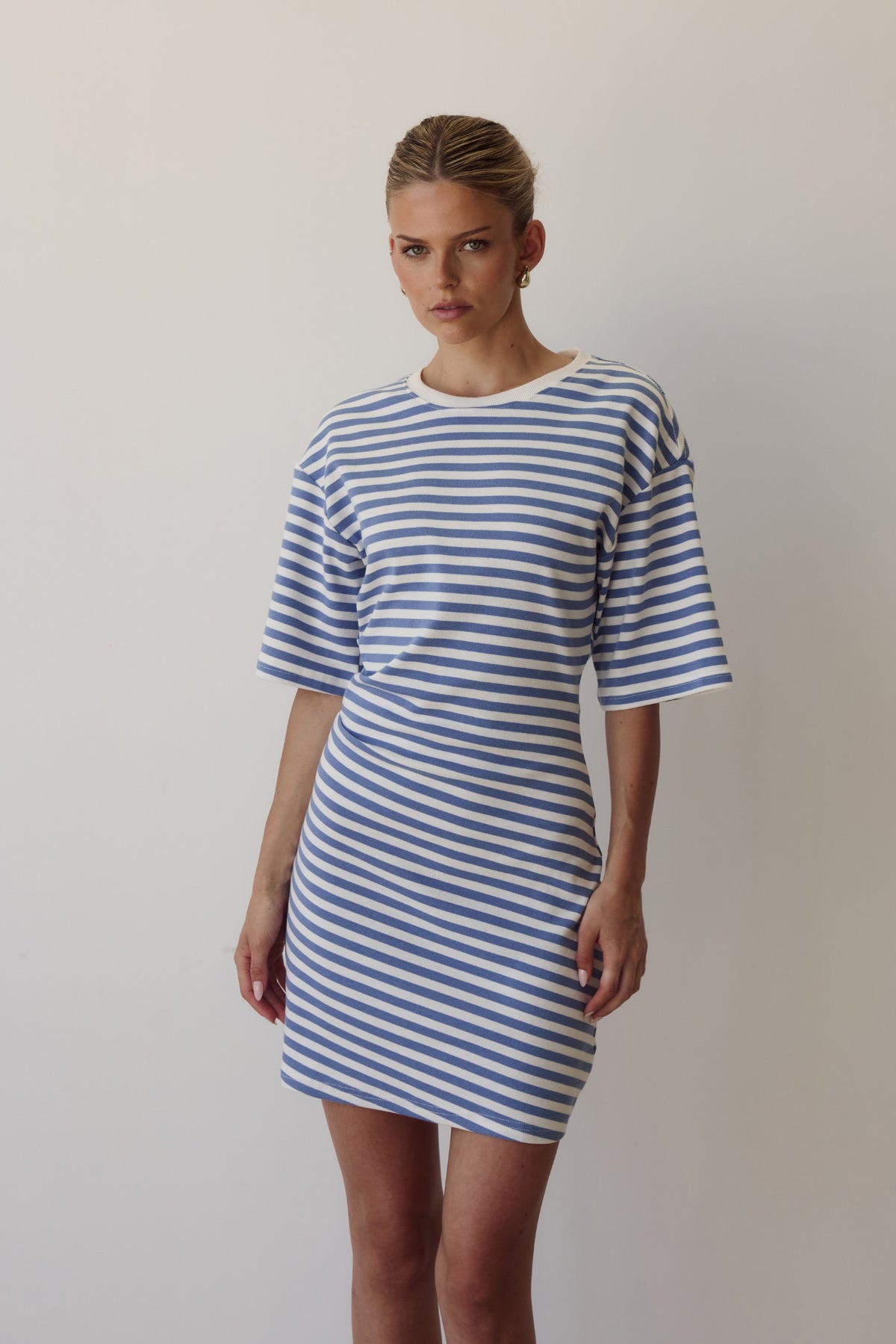 Kayla Mini Dress (White/Blue Stripe)