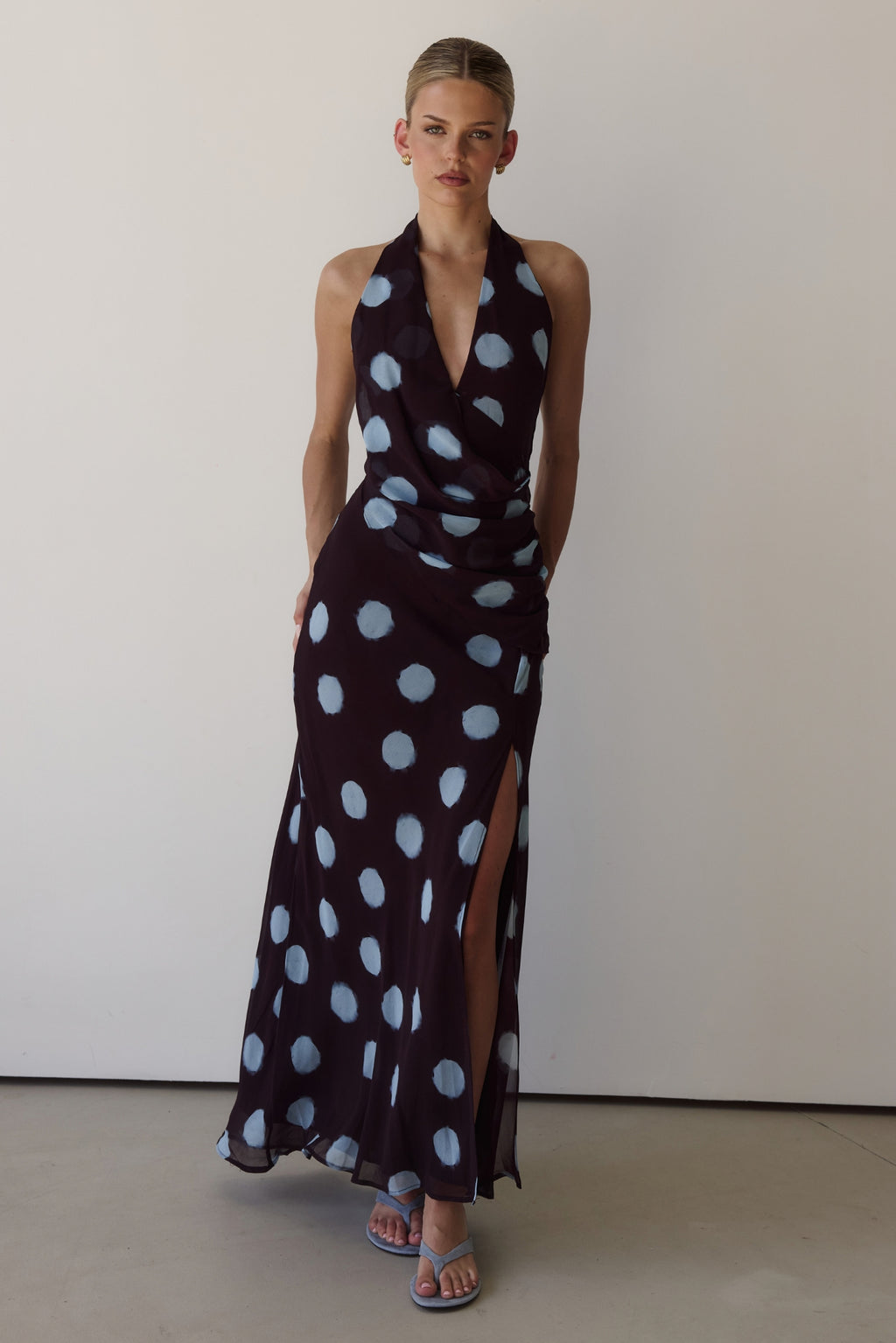 Nora Maxi Dress (Wine/Blue Polka)