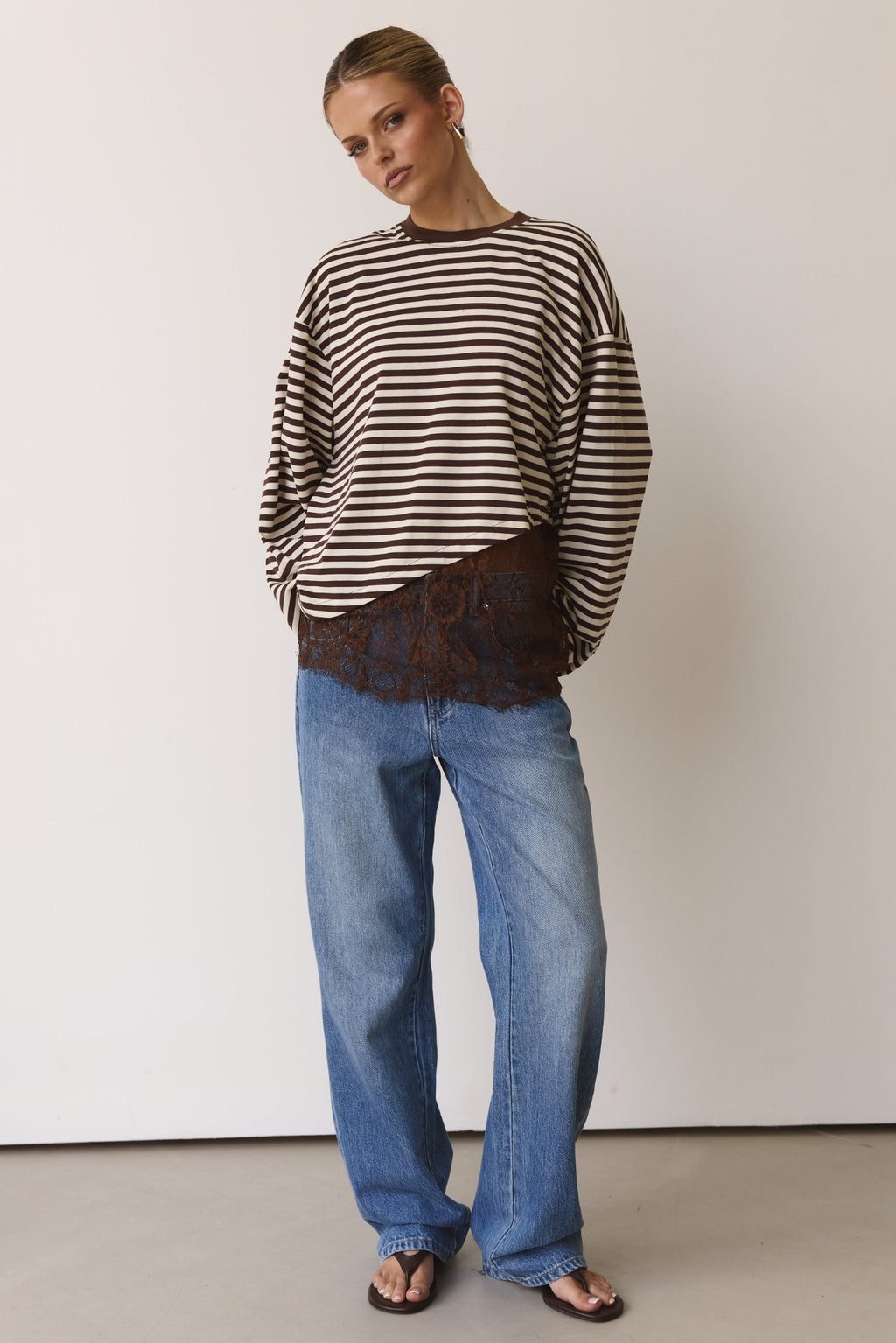 Cleo Lace Long Sleeve Top (Chocolate/Cream Stripe)