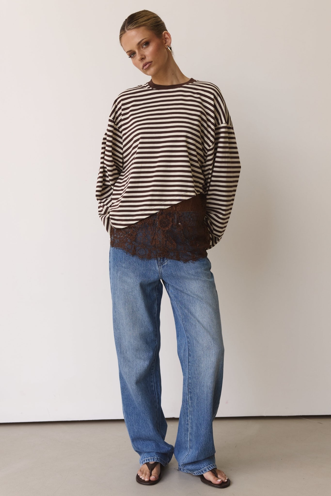 Cleo Lace Long Sleeve Top (Chocolate/Cream Stripe)