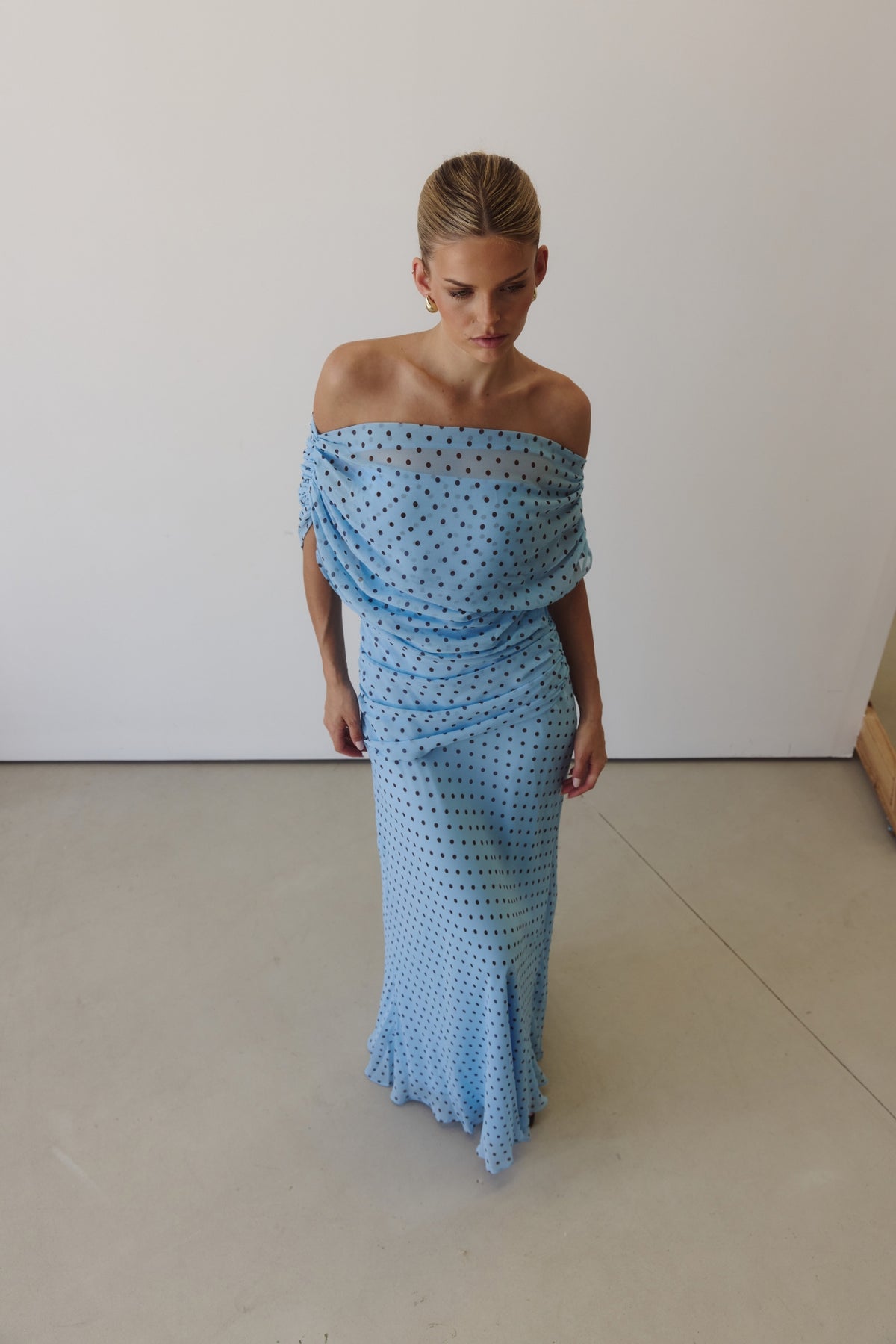 Naomi Maxi Dress (Light Blue/Chocolate Polka)