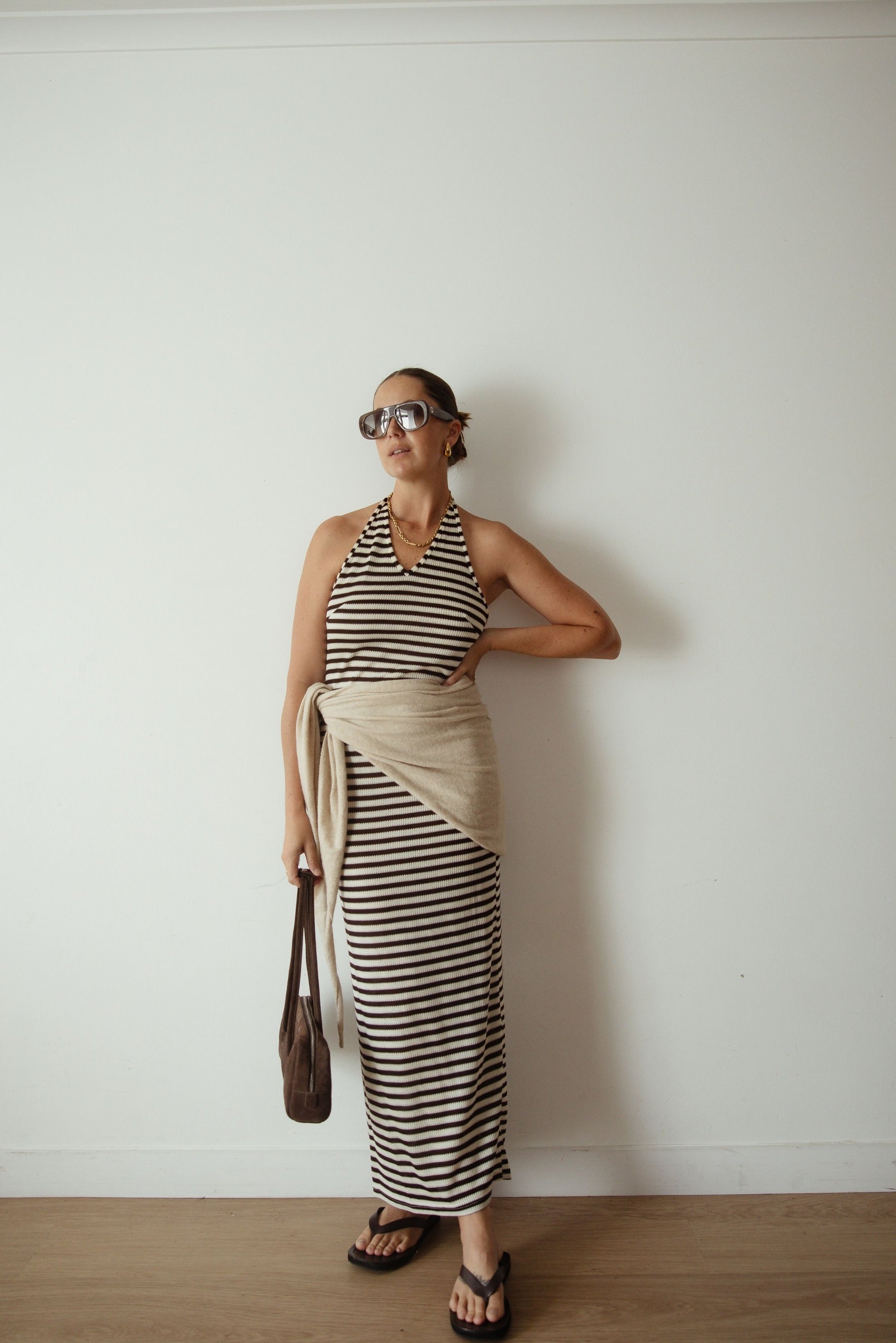 Luca Knit Midi Dress (Choc/Beige Stripe)