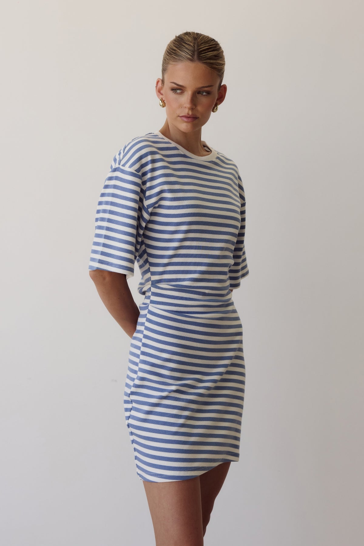 Kayla Mini Dress (White/Blue Stripe)