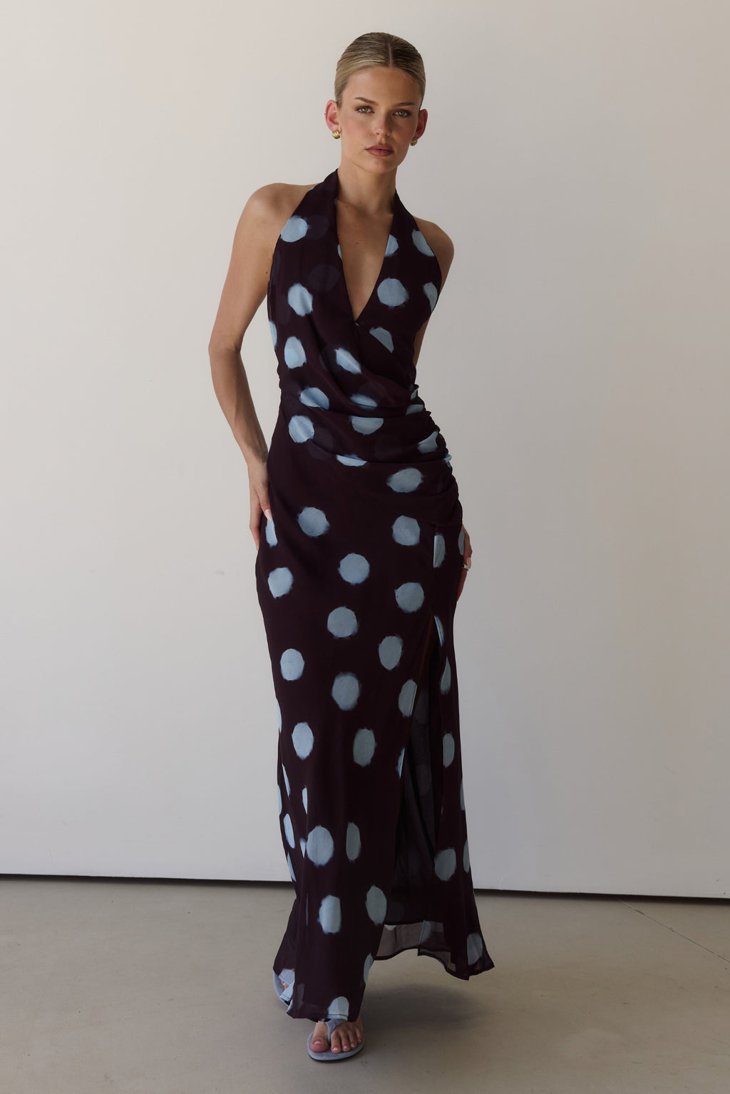 Nora Maxi Dress (Wine/Blue Polka)
