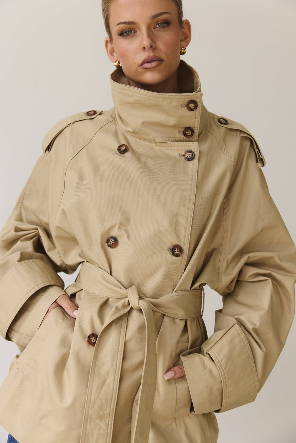 Murphy Cropped Trench Coat (Taupe)