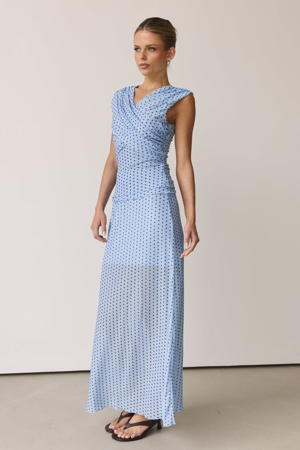 Hayse Maxi Skirt (Light Blue/Chocolate Polka)