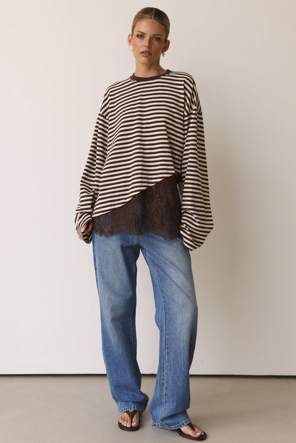 Cleo Lace Long Sleeve Top (Chocolate/Cream Stripe)