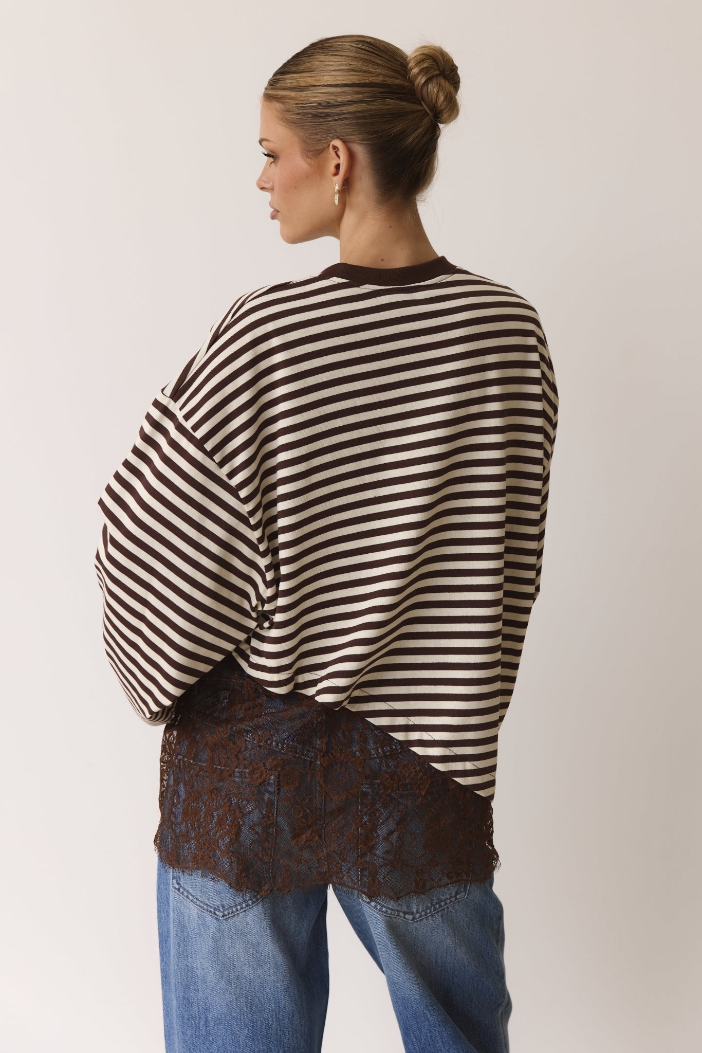 Cleo Lace Long Sleeve Top (Chocolate/Cream Stripe)
