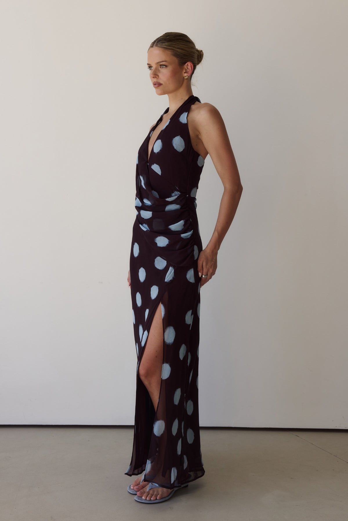 Nora Maxi Dress (Wine/Blue Polka)
