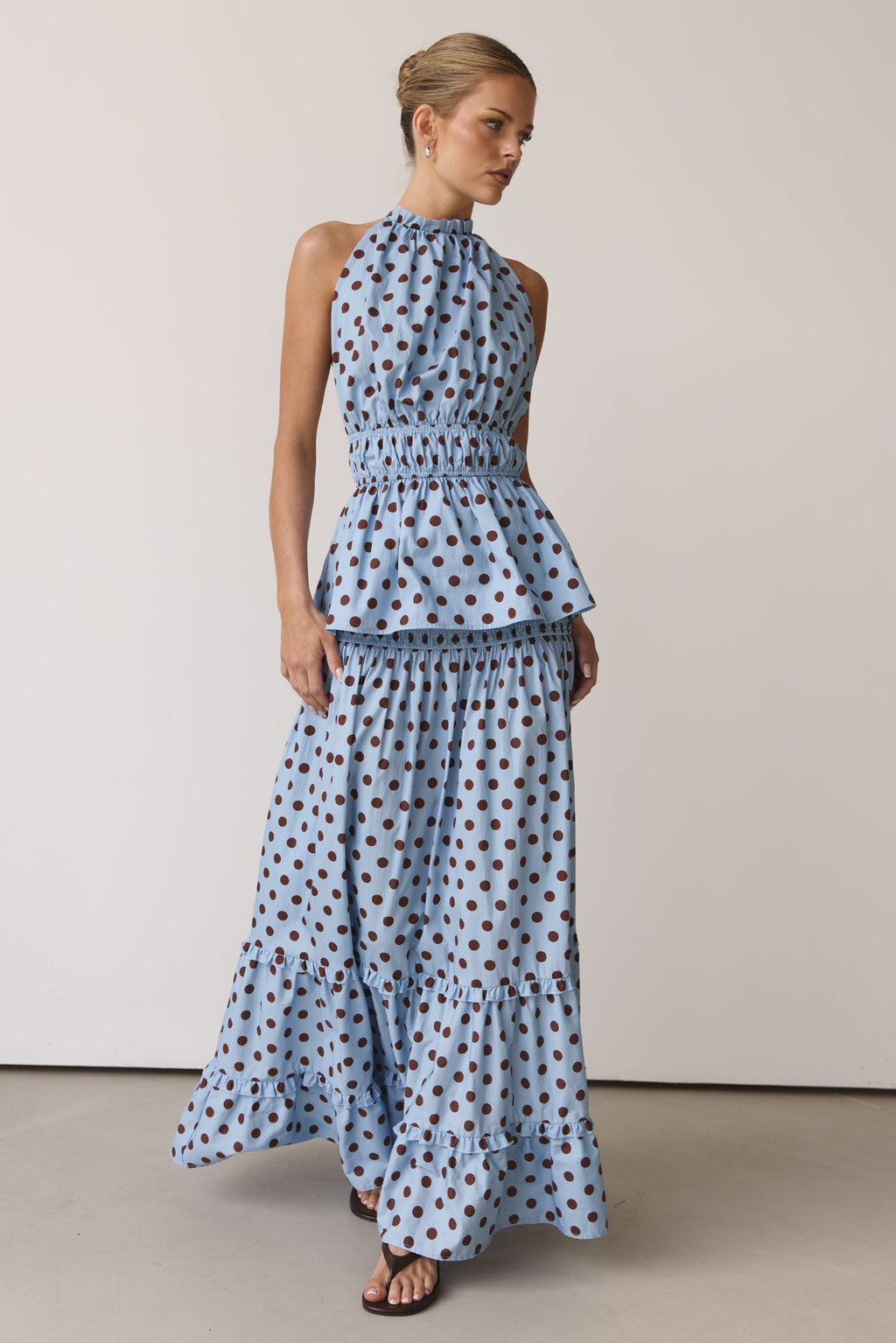 Stella Maxi Skirt (Light Blue/Chocolate Polka)