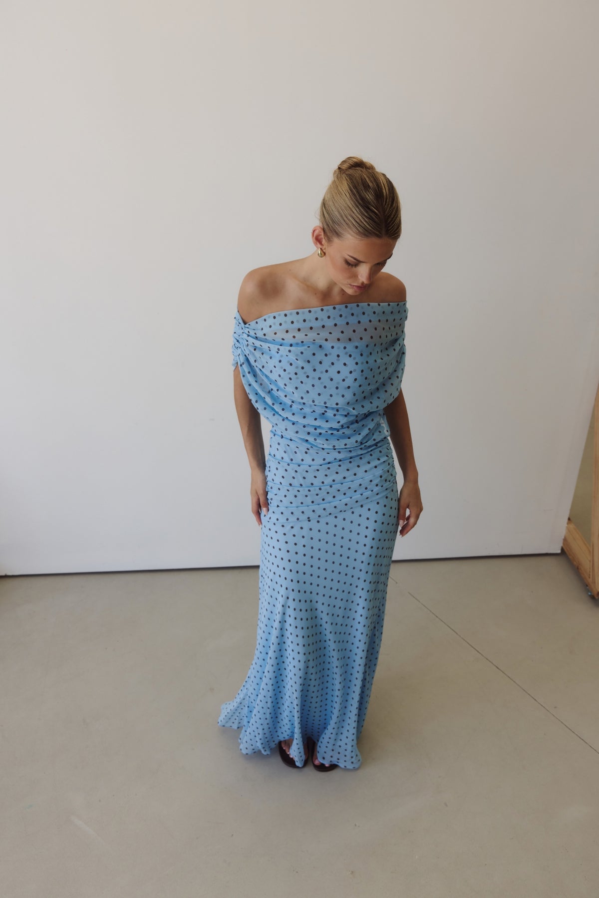 Naomi Maxi Dress (Light Blue/Chocolate Polka)