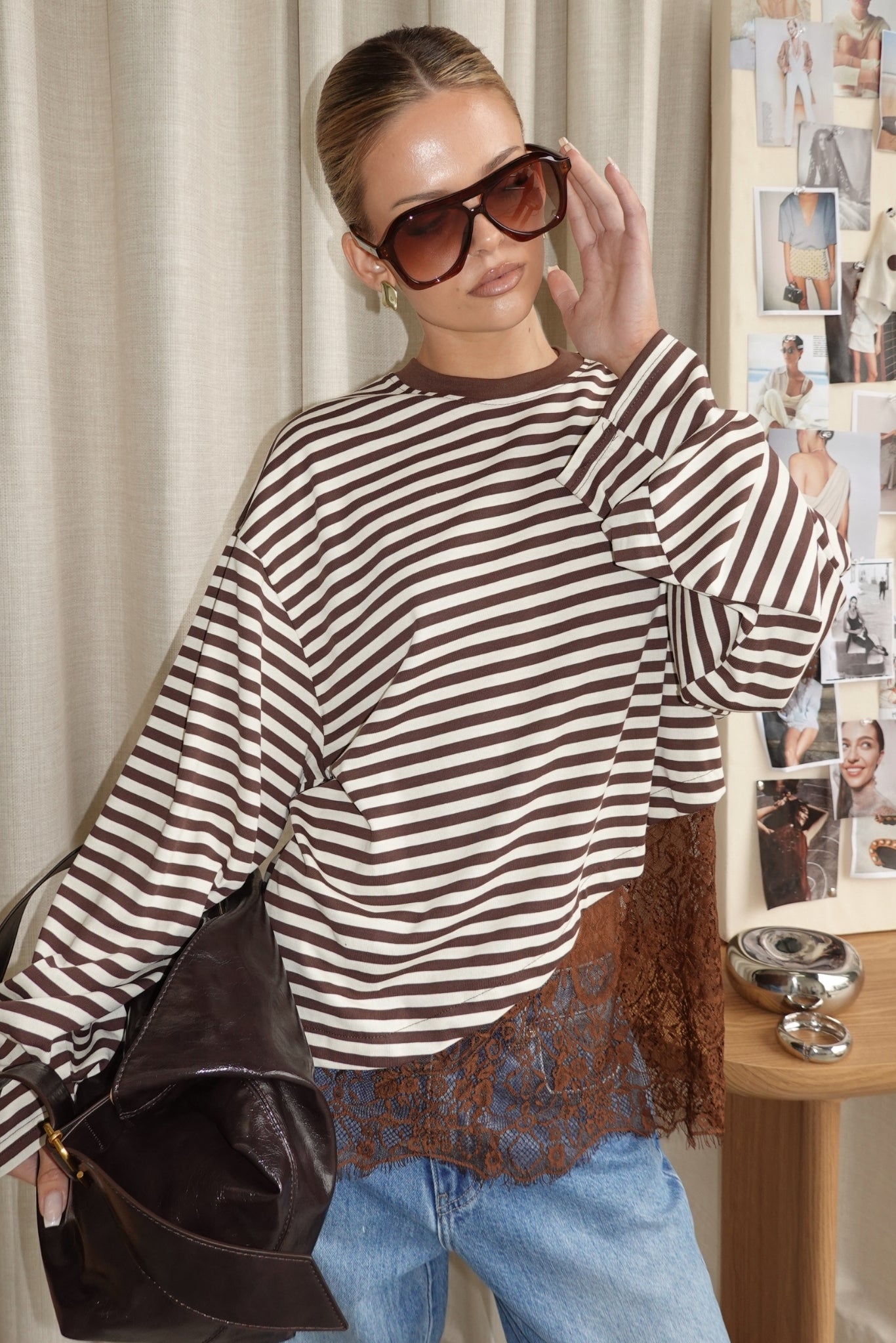 Cleo Lace Long Sleeve Top (Chocolate/Cream Stripe)
